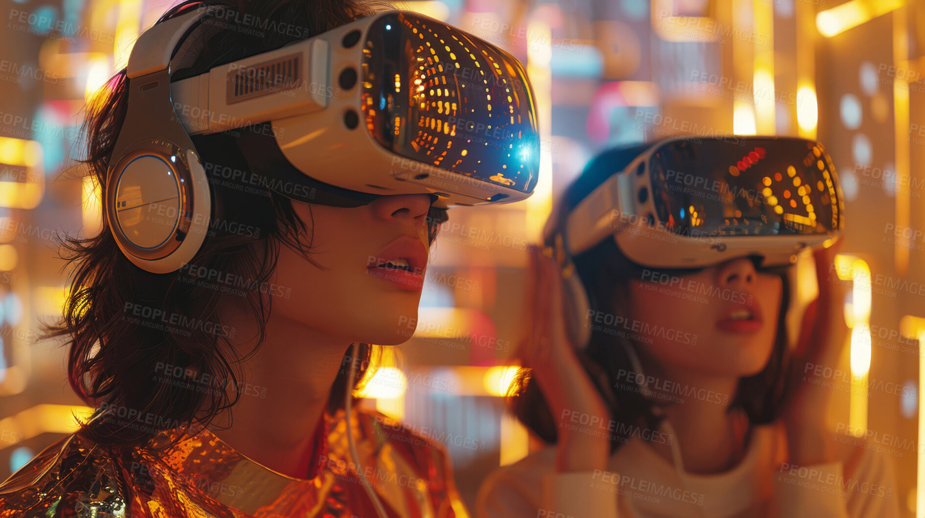 Buy stock photo People, data and virtual reality, connected with wifi internet, meta and fibre. Silhouette, social media and public network lines for communication, futuristic connection and marketing strategy