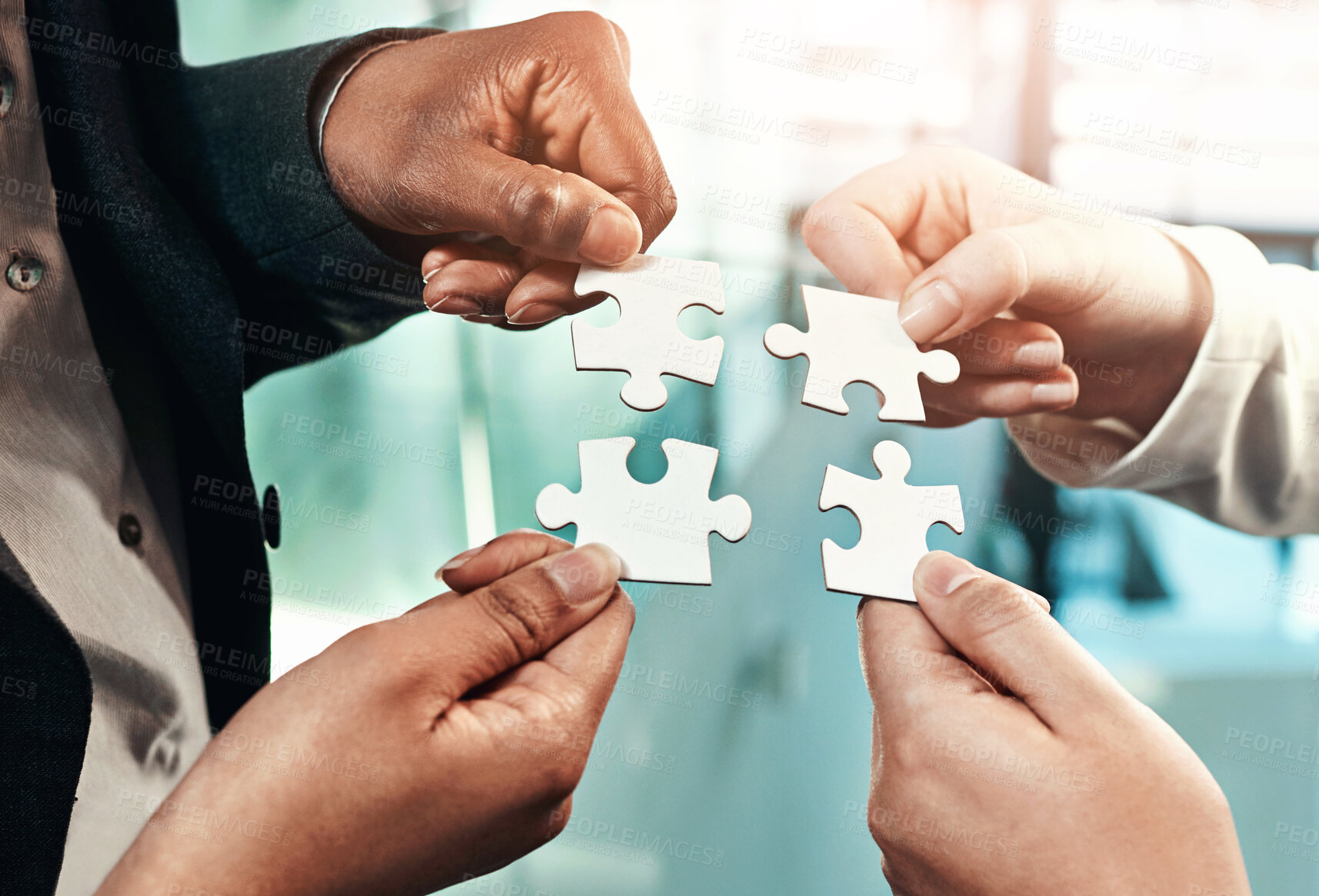 Buy stock photo Puzzle, team building and hands of business people for strategy, partnership and solution. Work, corporate and a group of employees with a jigsaw for an idea, mission or company problem solving