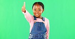 Little girl, face and thumbs up on green screen for good job, approval or success against studio background. Portrait of African American child or kid showing thumb emoji, yes sign or like on mockup