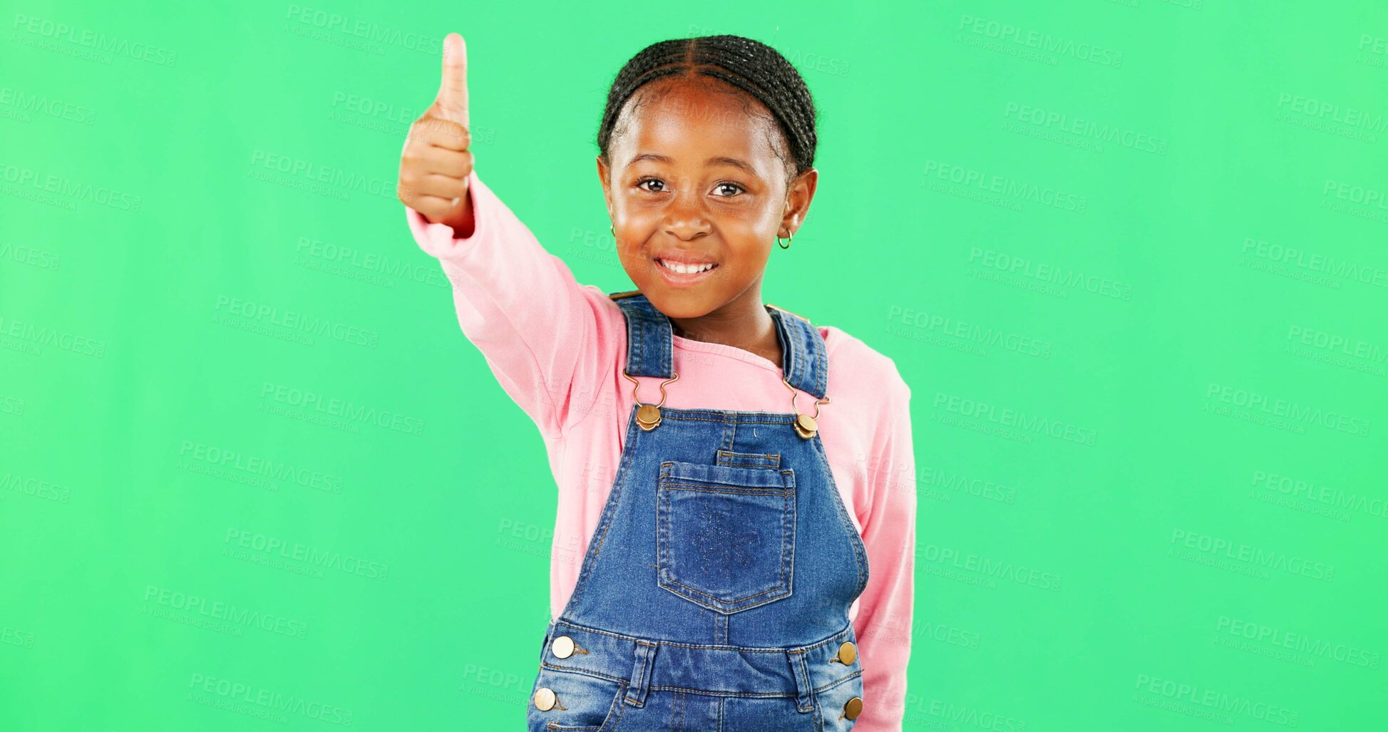 Buy stock photo Little girl, face and thumbs up on green screen for good job, approval or success against studio background. Portrait of African American child or kid showing thumb emoji, yes sign or like on mockup