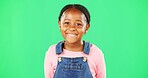 Child face, smile and studio with green screen and a happy girl feeling cute and sweet. Isolated, youth and background with a portrait of a little kid model with casual fashion and children clothes