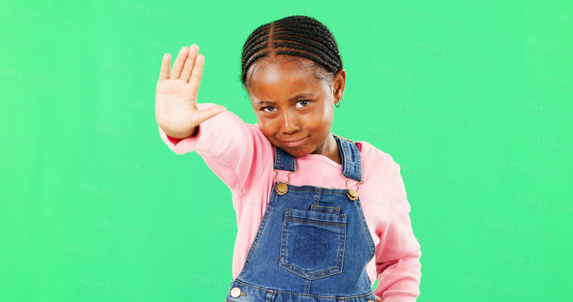 Buy stock photo Stop, green screen and child with angry hand gesture for authority isolated against a studio background. Girl, frustrated and serious kid with a problem and no sign, signal and warning expression