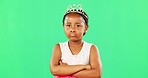 Children, miserable and arms crossed with a black girl on a green screen background in studio. Portrait, tantrum and unhappy with a moody little female child sulking alone on chromakey mockup