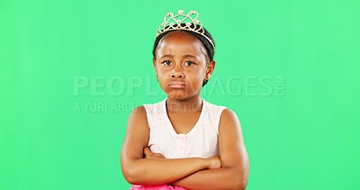 Children, miserable and arms crossed with a black girl on a green screen background in studio. Portrait, tantrum and unhappy with a moody little female child sulking alone on chromakey mockup