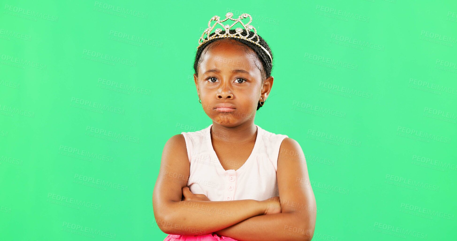 Buy stock photo Children, miserable and arms crossed with a black girl on a green screen background in studio. Portrait, tantrum and unhappy with a moody little female child sulking alone on chromakey mockup