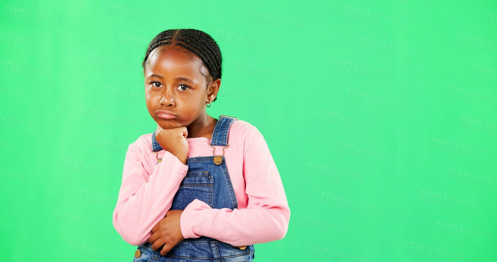 Buy stock photo Girl, child and attitude in portrait by green screen with space, promotion or pout lips with fashion. African kid, angry and frustrated with emotion, chromakey or annoyed in mockup for trendy clothes