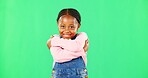 Girl, child and smile with hug for self love in portrait with fashion, pride and empowerment by green screen. African kid, happy and embrace with kindness, excited or growth with mockup for promotion