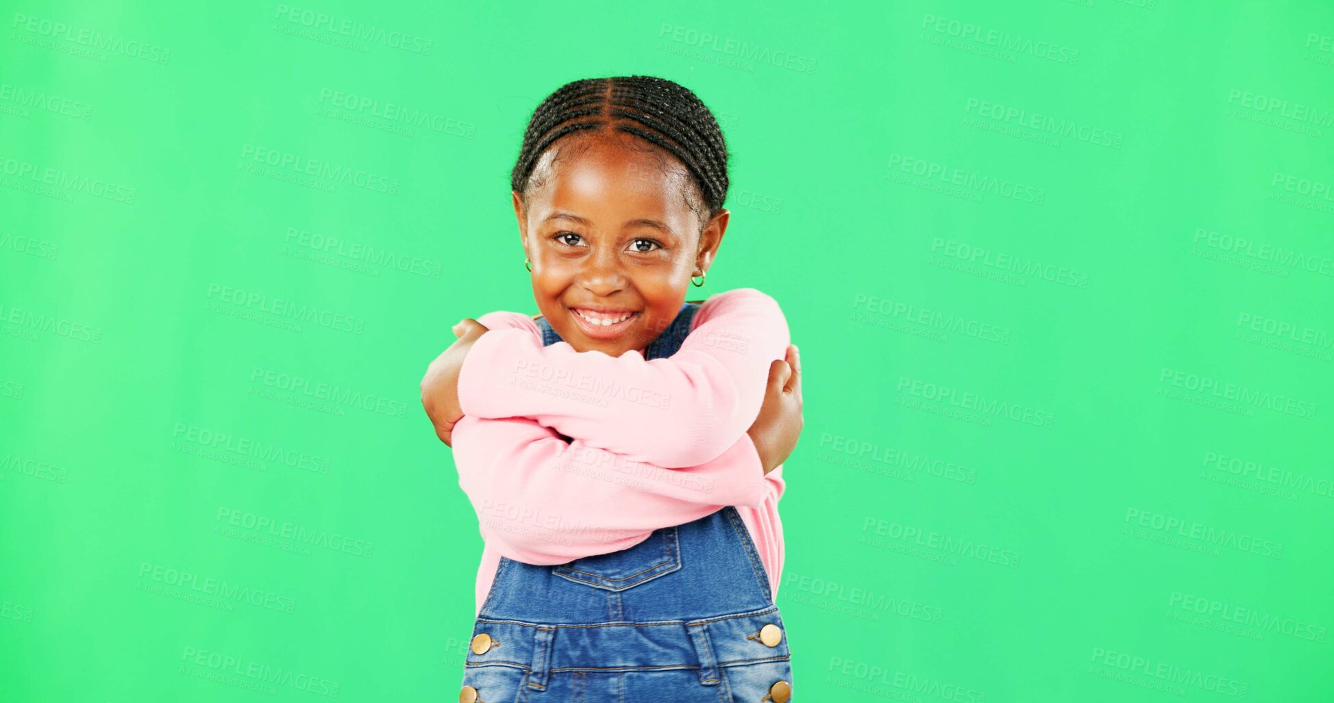 Buy stock photo Girl, child and smile with hug for self love in portrait with fashion, pride and empowerment by green screen. African kid, happy and embrace with kindness, excited or growth with mockup for promotion