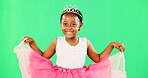 Portrait, black girl and cute in studio with greenscreen, isolated and princess costume for halloween or birthday party. Child, chromakey display and mockup background for marketing and advertising.