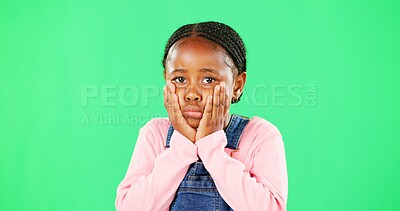 Portrait, sad and kid on green screen in studio isolated on a mockup space background. Face, hands or unhappy African girl child on chroma key, depression or disappointed facial expression of emotion