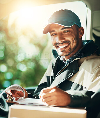 Buy stock photo Writing, delivery and portrait of with man in van for courier, logistics and shipping. Ecommerce, export and distribution with male postman in vehicle for mail, package and cargo shipment