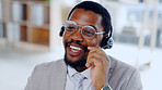 Call center, smile and black man consultant in the office doing