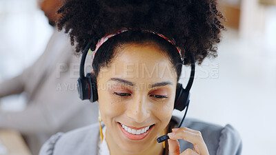 Buy stock photo Happy woman, call center and consultant with headphones for online advice or help at office. Face of female person, agent or consulting in customer service, contact us or CRM for technical support