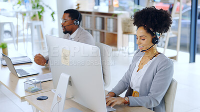 Buy stock photo Business people, consultant and call center with headphones for customer service at office. Man or woman in consulting agency on computer for telemarketing, online advice or tech support at workplace