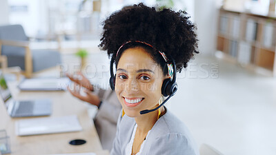 Buy stock photo Call center, smile and portrait of woman in office for customer service, support or help desk. Contact us, crm and face of happy consultant, professional or African agent telemarketing with headset