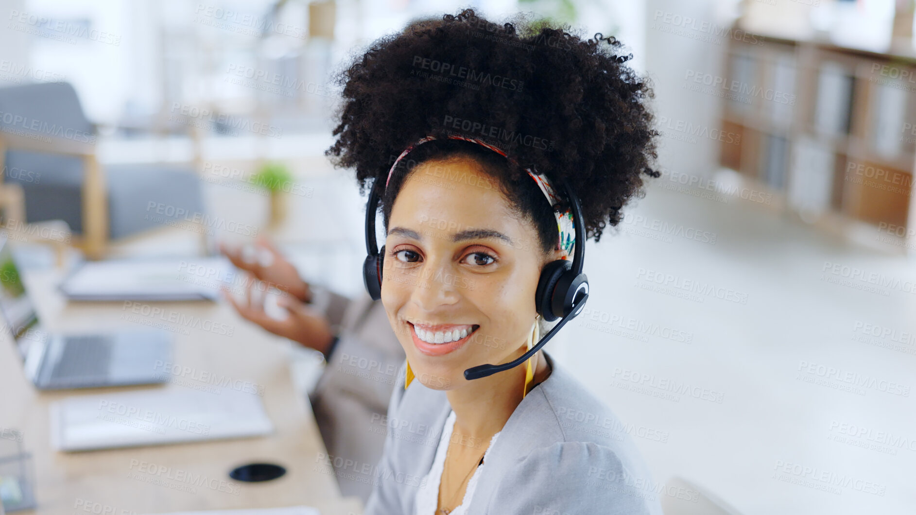 Buy stock photo Call center, smile and portrait of woman in office for customer service, support or help desk. Contact us, crm and face of happy consultant, professional or African agent telemarketing with headset