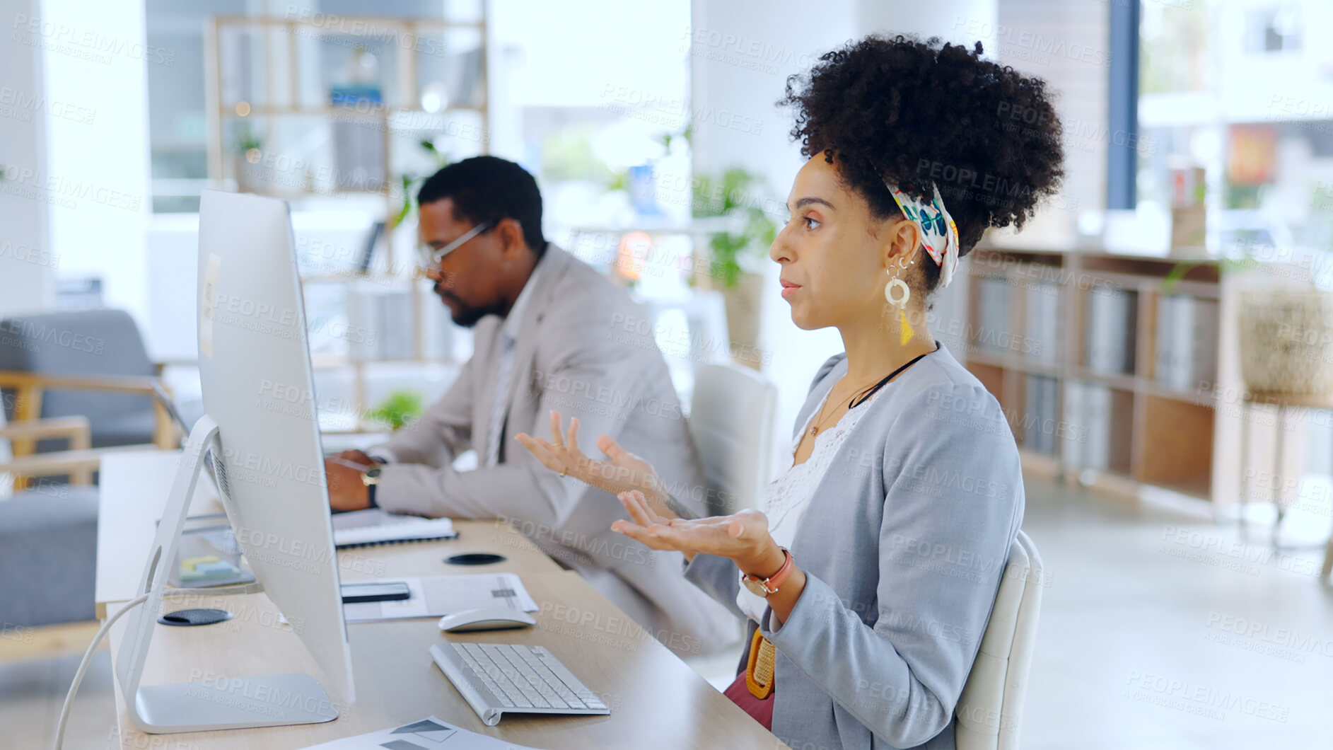 Buy stock photo Business woman, confused and computer with email in modern office and feedback on blog for company website. Journalist, reading and online research on desktop and problem solving on internet by desk