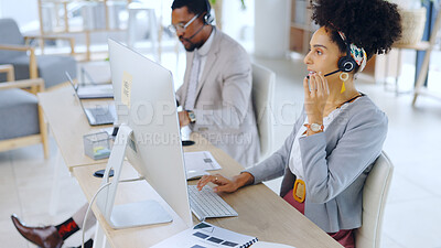 Buy stock photo Business woman, consultant and call center with headphones for customer service at office. Female person or agent consulting on computer for telemarketing sales, online advice or support at workplace