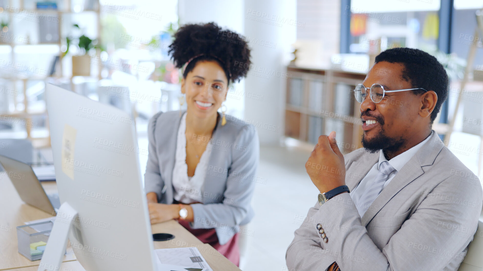 Buy stock photo Communication, email and business people with computer for teamwork and reading of feedback of online project. Happy, man or woman by pc for developer collaboration, seo or design of company website