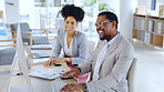 Man, woman and office with computer, working and collaboration f