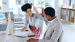 Business people, high five and computer or documents for plannin