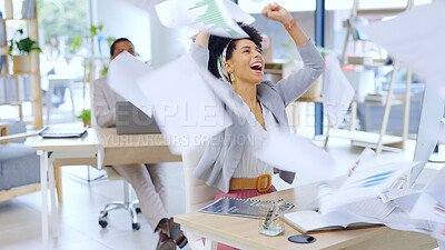 Buy stock photo Excited woman, business and documents in air for celebration, success or done with work at office. Happy female person or accountant with fist pump and finished paperwork for winning at workplace