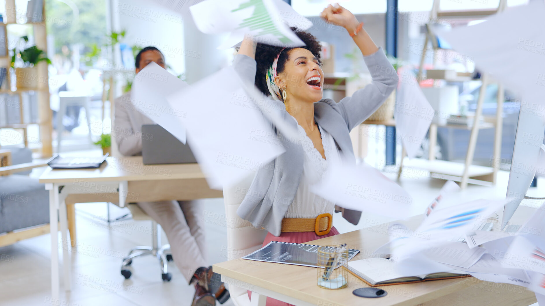 Buy stock photo Excited woman, business and documents in air for celebration, success or done with work at office. Happy female person or accountant with fist pump and finished paperwork for winning at workplace