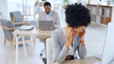 Buy stock photo Frustrated woman, headache and stress with depression at office in burnout, anxiety or mental health. Female person or young employee with migraine, strain or pressure in fatigue or pain at workplace