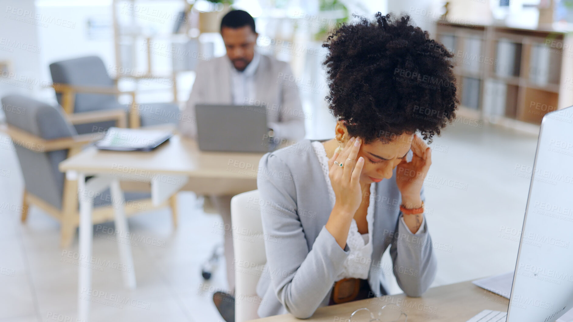 Buy stock photo Frustrated woman, headache and stress with depression at office in burnout, anxiety or mental health. Female person or young employee with migraine, strain or pressure in fatigue or pain at workplace