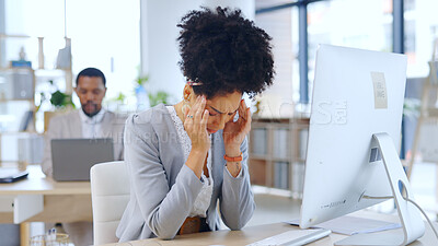 Buy stock photo Frustrated woman, headache and stress with anxiety at office in burnout, depression or mental health. Female person or young employee with migraine, strain or pressure in fatigue or pain at workplace