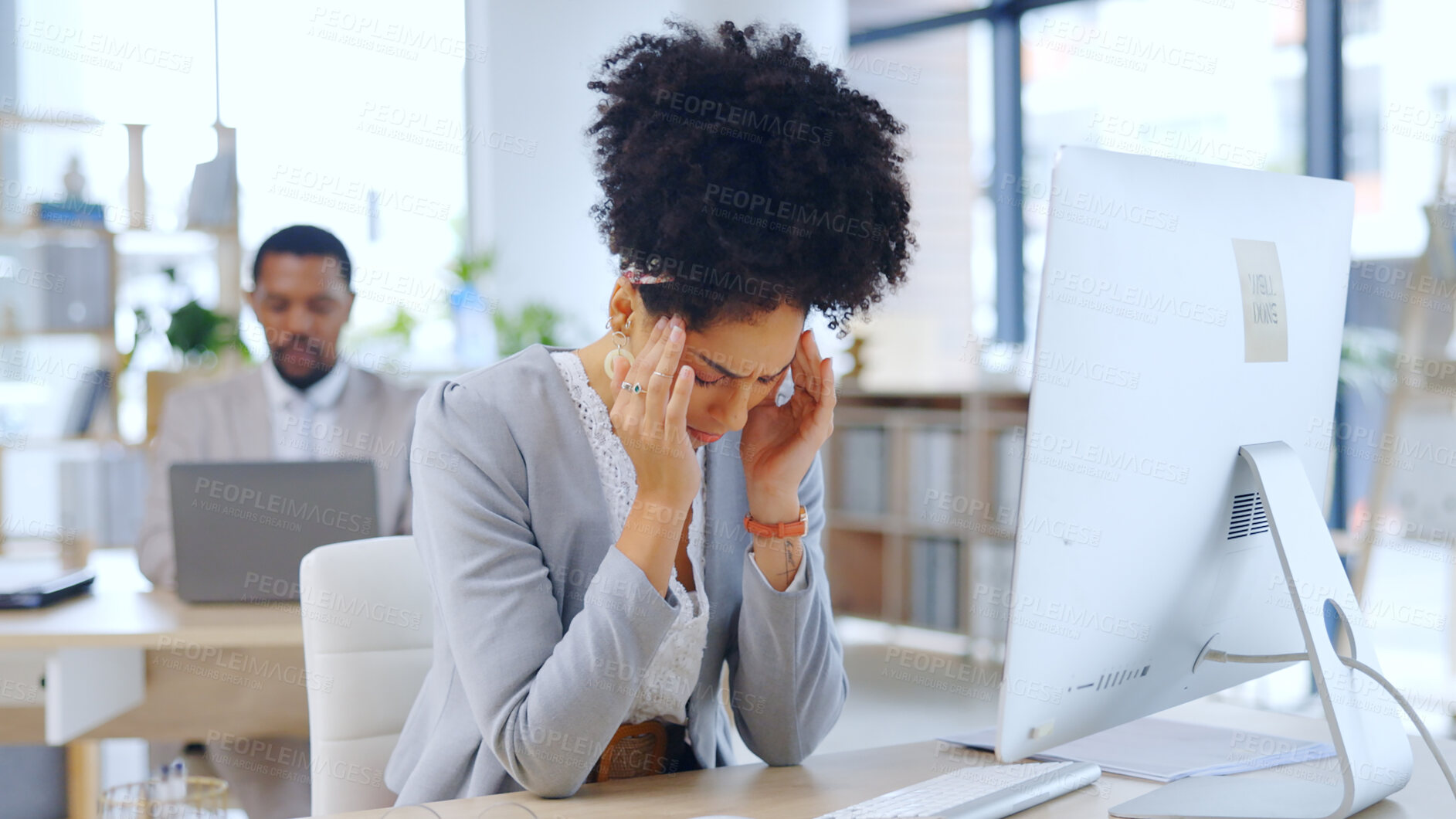 Buy stock photo Frustrated woman, headache and stress with anxiety at office in burnout, depression or mental health. Female person or young employee with migraine, strain or pressure in fatigue or pain at workplace