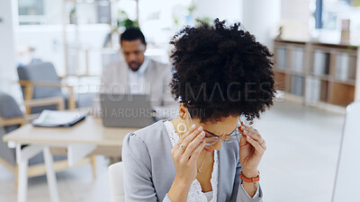 Buy stock photo Woman, headache and stress with anxiety at office in burnout, depression or mental health. Frustrated female person or young employee with migraine, strain or pressure in fatigue or pain at workplace