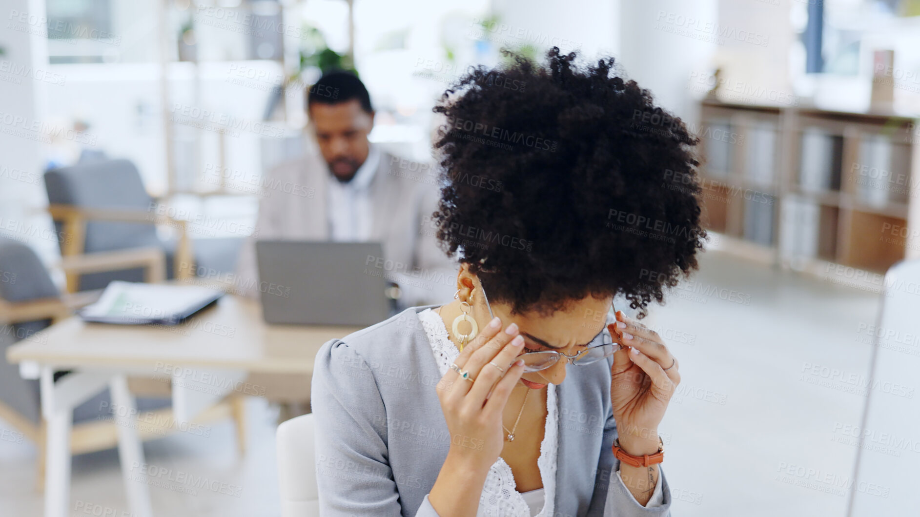 Buy stock photo Woman, headache and stress with anxiety at office in burnout, depression or mental health. Frustrated female person or young employee with migraine, strain or pressure in fatigue or pain at workplace