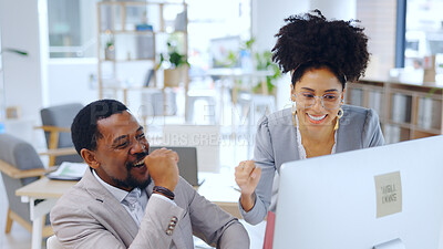 Buy stock photo Happy, business people and fist pump with computer at office for teamwork, success or achievement. Excited man and woman employee or colleagues with smile for winning, promotion or deal at workplace