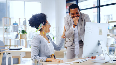 Buy stock photo Excited business people, shock or teamwork on computer for winning bonus or goal success in office. Happy manager, wow or employee reading surprise news, social media post or article in collaboration