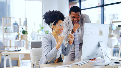 Buy stock photo Excited business people, winning or teamwork on computer for bonus success, deal or goal in office. Happy manager, wow or employee reading surprise news, social media post or article in collaboration