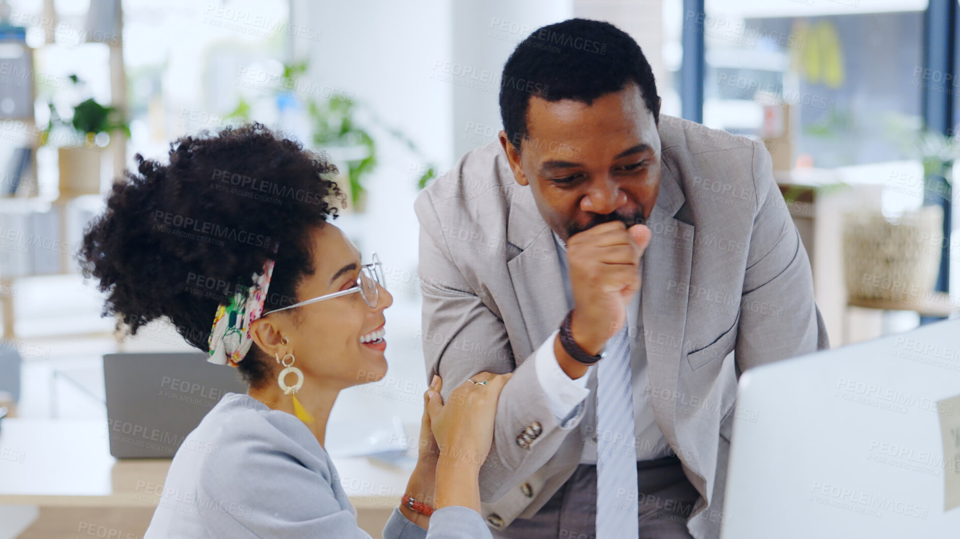 Buy stock photo Business people, excited or teamwork on computer for surprise, winning bonus or goal success in office. Happy manager, wow and employee reading news, social media post or article in collaboration