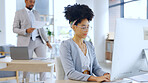 Computer, editing or woman journalist typing in office workplace