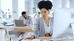 Computer, notebook or business woman reading in office workplace