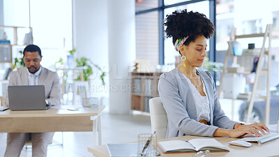 Buy stock photo Business people, working and typing on computer in modern office and coworking or productivity on internet. Happy, man or woman by laptop or developer or online research on design of company website