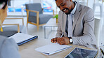 Business, smile and black man writing on document at table in st