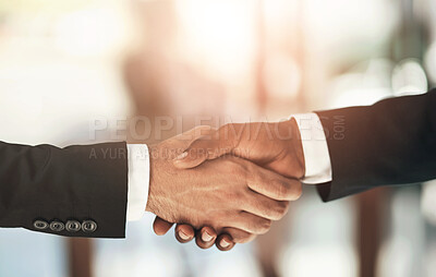 Buy stock photo Handshake, partnership and b2b with business people in the office for an agreement or deal together. Thank you, interview and welcome with corporate men shaking hands for greeting during a meeting