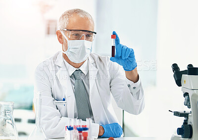 Buy stock photo Science, vaccine and doctor with blood in a test tube with results of medical exam in a lab or laboratory. Medicine, research and healthcare man or chemistry professional with solution for covid