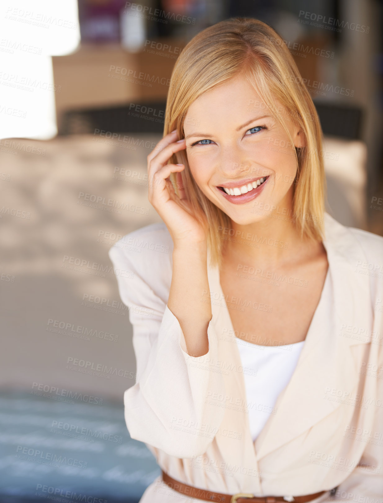 Buy stock photo Smile, business woman and portrait of professional entrepreneur with confidence at workplace. Face, happy employee and young worker, blonde consultant or agent in office for career in Switzerland