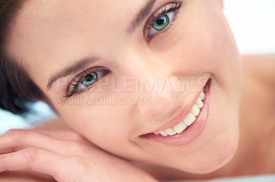 Buy stock photo Skincare, relax or portrait of happy woman in studio isolated on blue background with smile or wellness. Smooth, face or natural results of model or confident lady with shine, pride or beauty glow