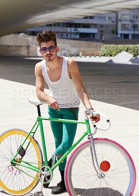 Buy stock photo Man, hipster fashion and portrait with bicycle outdoor in sunshine with unique personality, sunglasses and cool style. Young gen z guy, funky attitude and bike in summer, urban city and trendy person