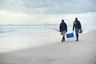 Buy stock photo Friends, fishing and men walking on beach together with cooler, tackle box and holiday mockup space. Ocean, fisherman and people with rods, bait and tools at waves on winter morning vacation at sea.