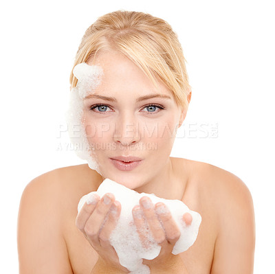 Buy stock photo Female person, portrait and soap on face for skincare with face wash, cosmetics and foam for clear skin. Woman, white background and fresh for beauty, hygiene and treatment for wellness and self care