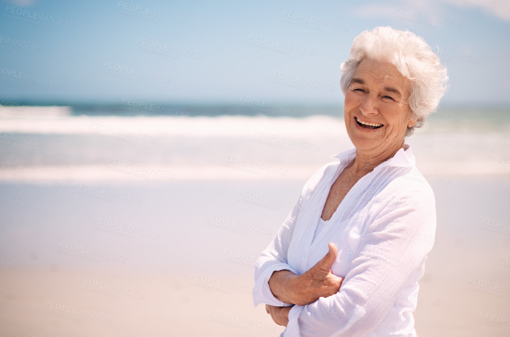 Buy stock photo Old woman, portrait and beach relax or travel holiday on vacation or retirement relaxing, summer or journey. Female person, face and Florida seaside as senior citizen or ocean, mockup or peace