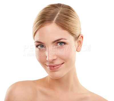 Buy stock photo Beauty, cosmetics and portrait of happy woman in studio with skincare, confidence and facial glow. Dermatology, healthy skin and face of girl on white background with luxury care, smile and wellness.